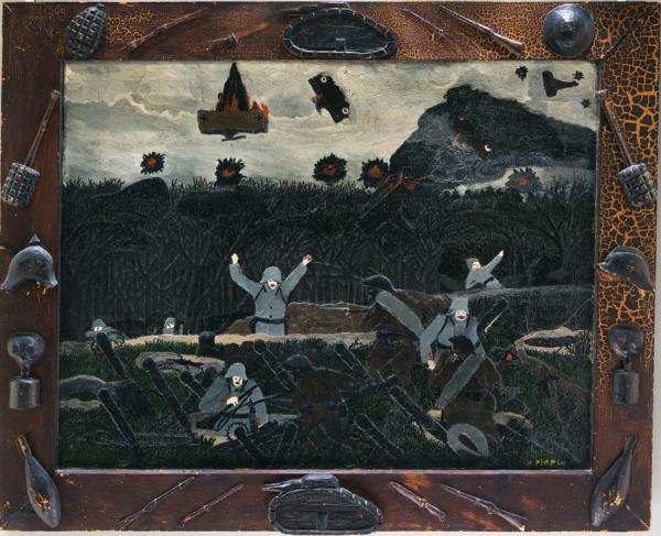 A dark painting of jubilant soldiers framed in a wooden frame with symbols of war attached